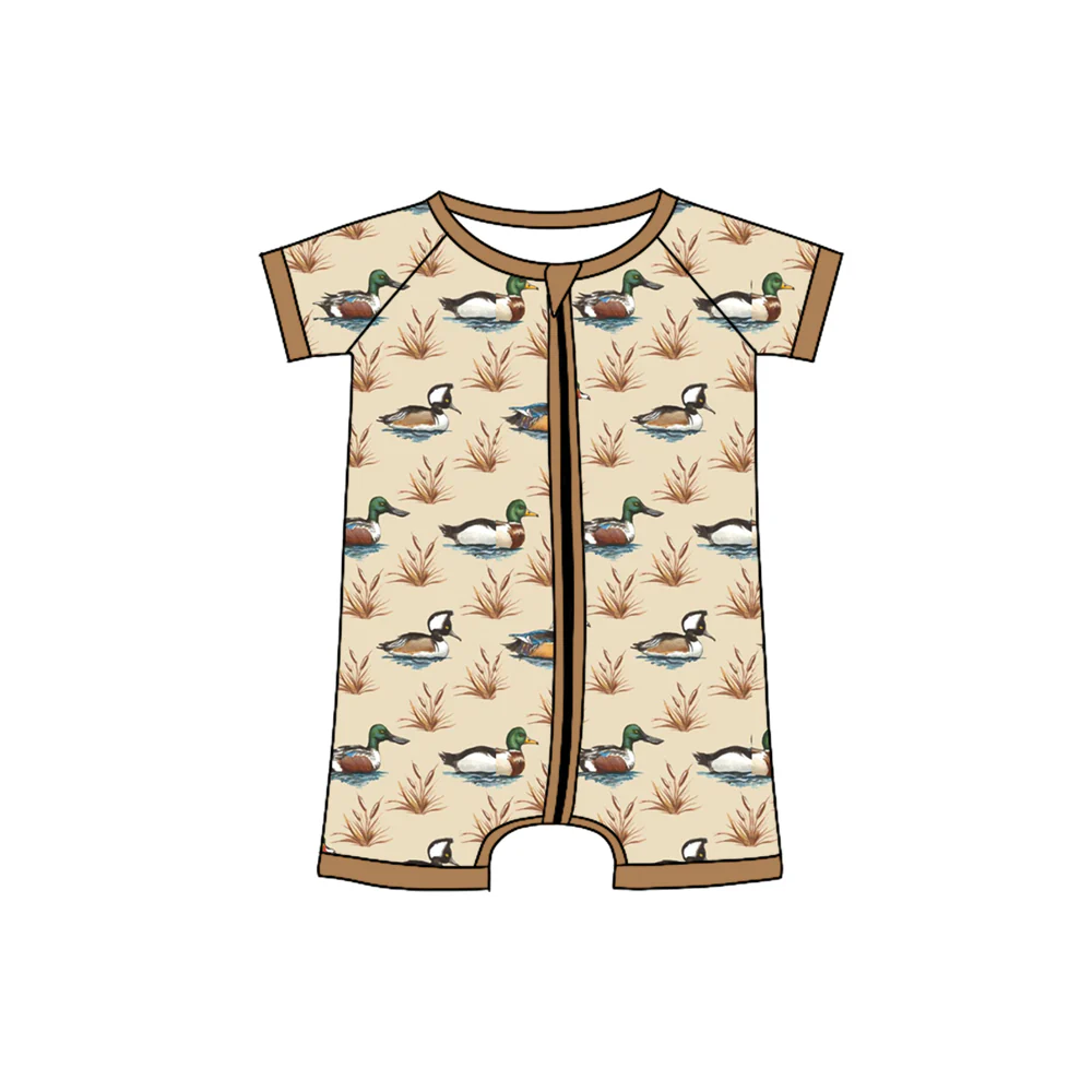 (Custom Design Preorder MOQ 5) Brown Duck Print Baby Boys Summer Sleeper Zipper Romper