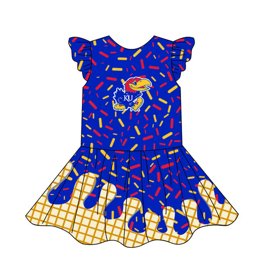 (Custom Design Preorder MOQ 5) Team's KU Blue Sprinkles Print Girls Summer Knee Length Dress