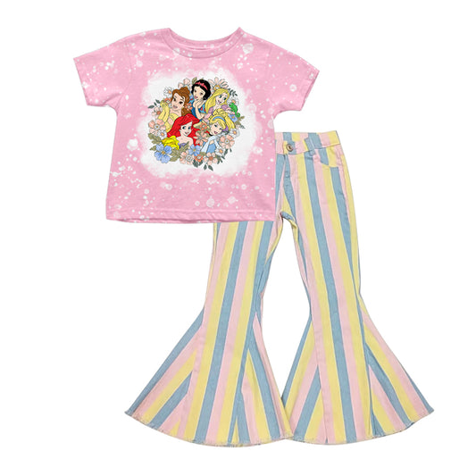 (Custom Design Preorder MOQ 5) Cartoon Princess Flowers Top Stripes Jeans Girls Clothes Set