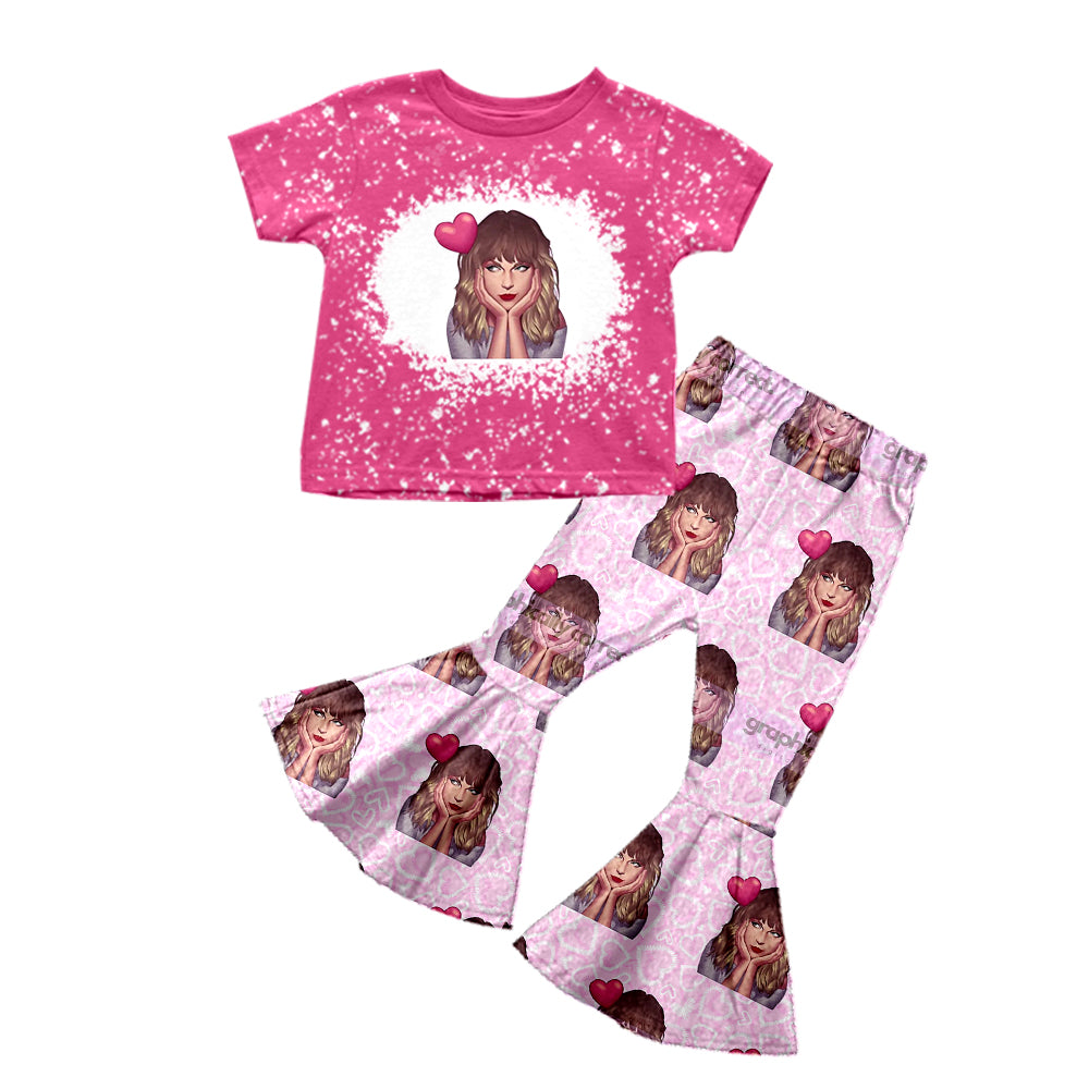 (Custom Design MOQ 5)NO.4  Pink Heart Singer Design Bell Pants Girls Clothes Set