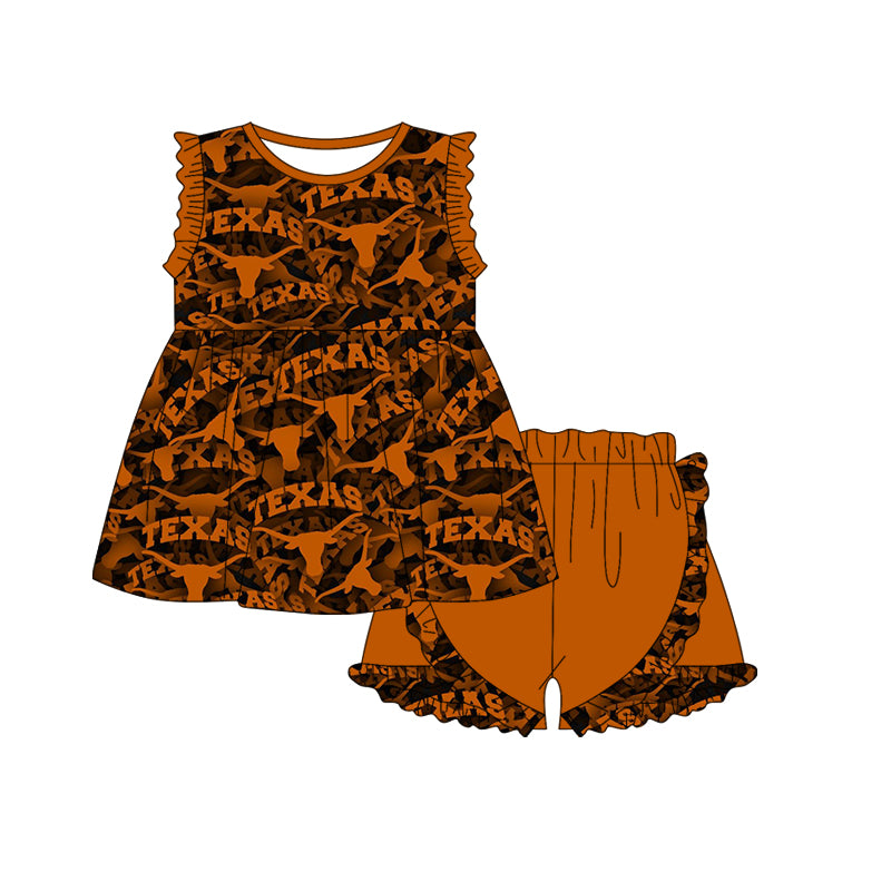 (Custom Design Preorder MOQ 5) Team's Texas Longhorns Print Girls Summer Clothes Set