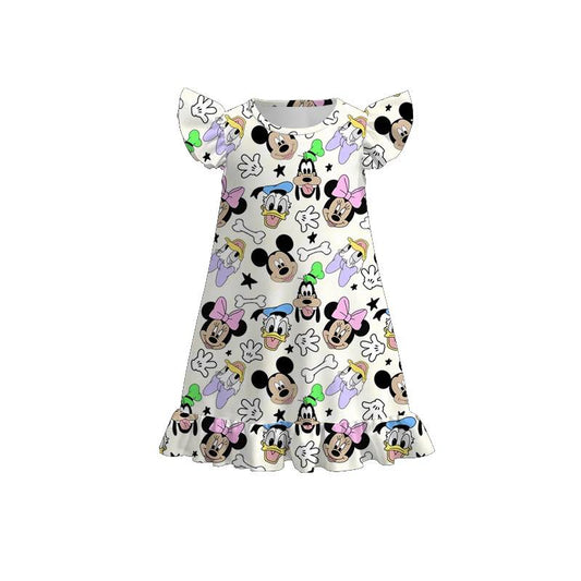 (Custom Design Preorder MOQ 5) Cartoon Mouse Stars Print Girls Summer Knee Length Dress
