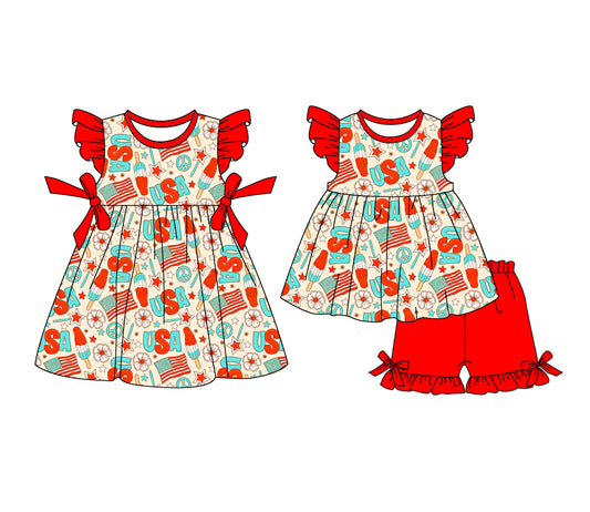 12.23 (Custom Design Preorder MOQ 5 Each Design) Popsicle Stars Flowers USA Print Girls 4th of July Matching Clothes Sisters Wear