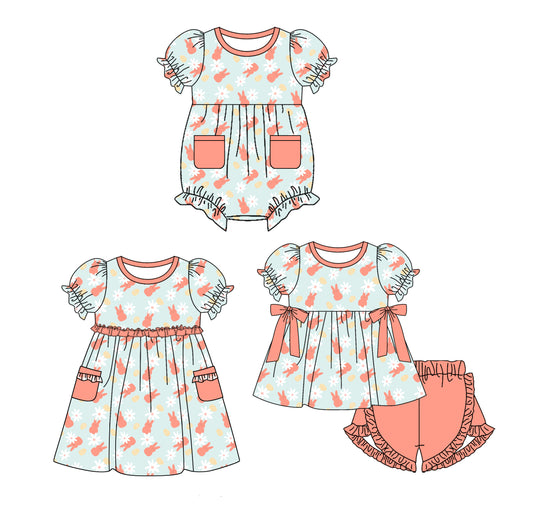 11.22(Custom Design Preorder MOQ 5 Each Design) Bunny Flowers Print Girls Easter Matching Clothes Sisters Wear