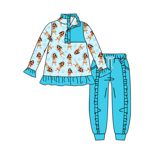 11.16(Custom Design Preorder MOQ 5) Cartoon Princess M*ana Pullover Top Blue Pants Girls Fall Clothes Set