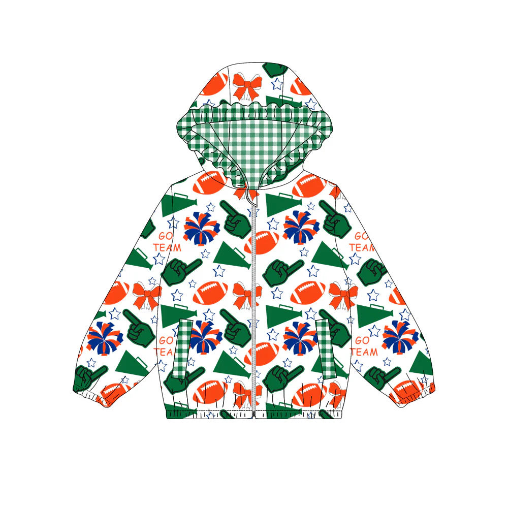(Custom Design Preorder MOQ 5) Green Orange Go Team Cheer Bows Print Pockets Girls Long Sleeve Zipper Jackets Top