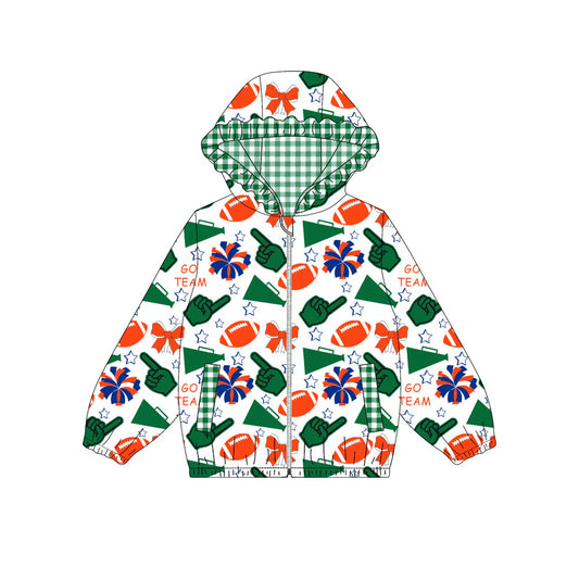 (Custom Design Preorder MOQ 5) Green Orange Go Team Cheer Bows Print Pockets Girls Long Sleeve Zipper Jackets Top