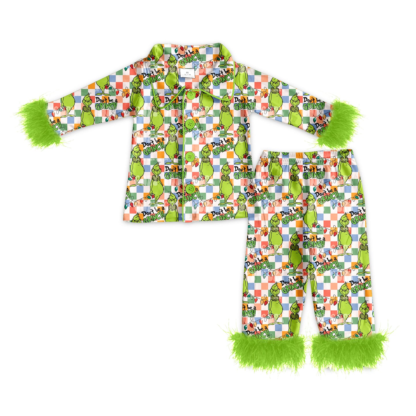 (Custom Design Preorder MOQ 5) Green Frog Plaid Print Girls Christmas Buttons Fur Pajamas Clothes Set