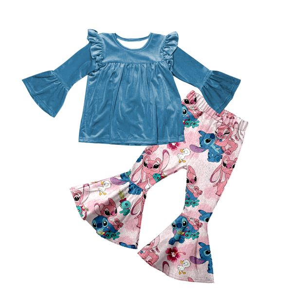 (Custom Design Preorder MOQ 5 ) Blue Velvet Top Cartoon Animals Bell Pants Girls Clothes Set