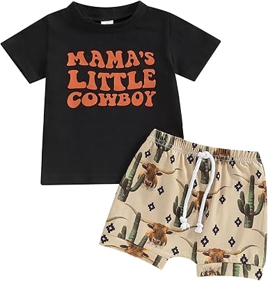 (Custom Design Preorder MOQ 5) MAMA'S LITTLE COWBOY Top Shorts Boys Summer Western Clothes Set