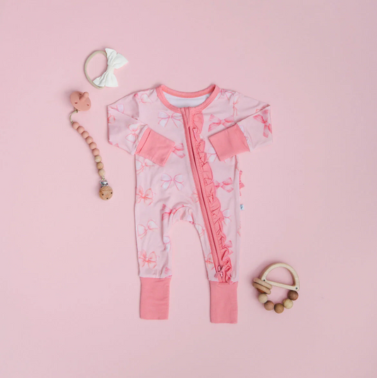 (Custom Design Preorder MOQ 5) Pink Bows Print Baby Girls Fall Bamboo Sleeper Zipper Romper