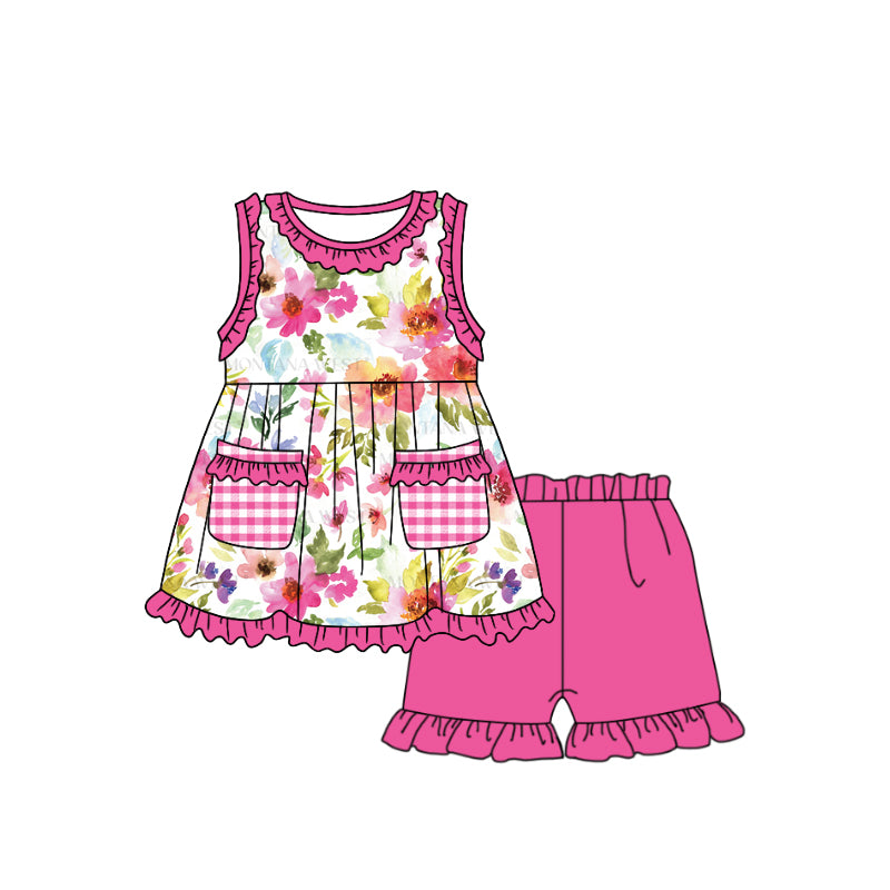 (Custom Design Preorder MOQ 5) Hot Pink Flowers Print Pockets Top Ruffle Shorts Girls Summer Clothes Set
