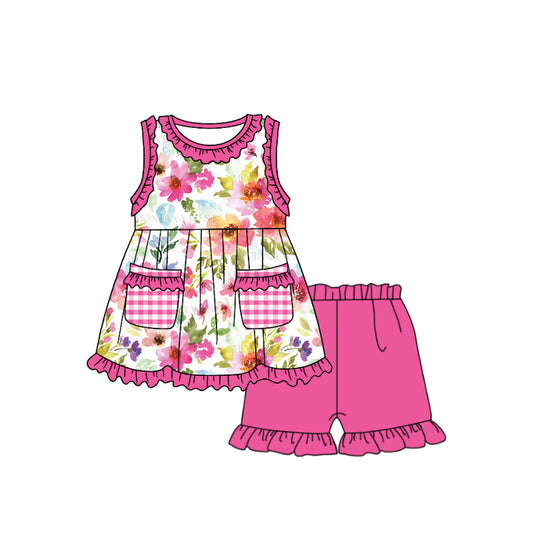 (Custom Design Preorder MOQ 5) Hot Pink Flowers Print Pockets Top Ruffle Shorts Girls Summer Clothes Set