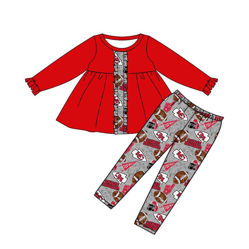 (Custom Design Preorder MOQ 5) Red Tunic Top Team's KC Gray Pants Girls Fall Clothes Set