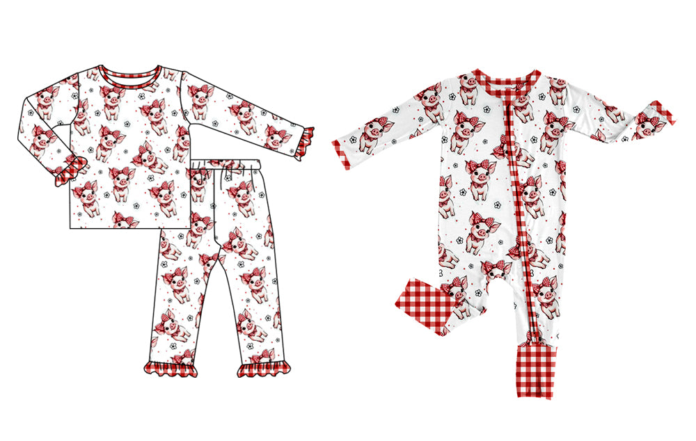 (Custom Design Preorder MOQ 5 Each Design) Pig Flowers Print Girls Pajamas Matching Clothes Sisters Wear