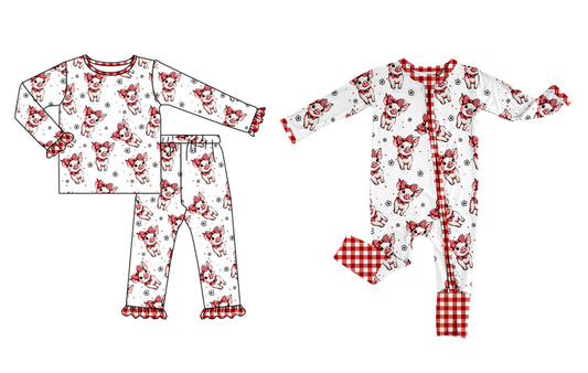 (Custom Design Preorder MOQ 5 Each Design) Pig Flowers Print Girls Pajamas Matching Clothes Sisters Wear