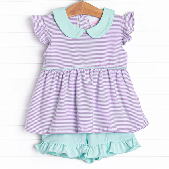 (Custom Design Preorder MOQ 5) Purple Stripes Tunic Top Blue Shorts Girls Summer Clothes Set