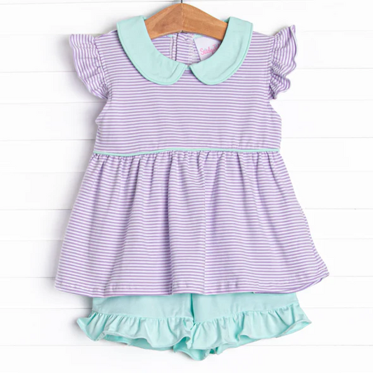 (Custom Design Preorder MOQ 5) Purple Stripes Tunic Top Blue Shorts Girls Summer Clothes Set