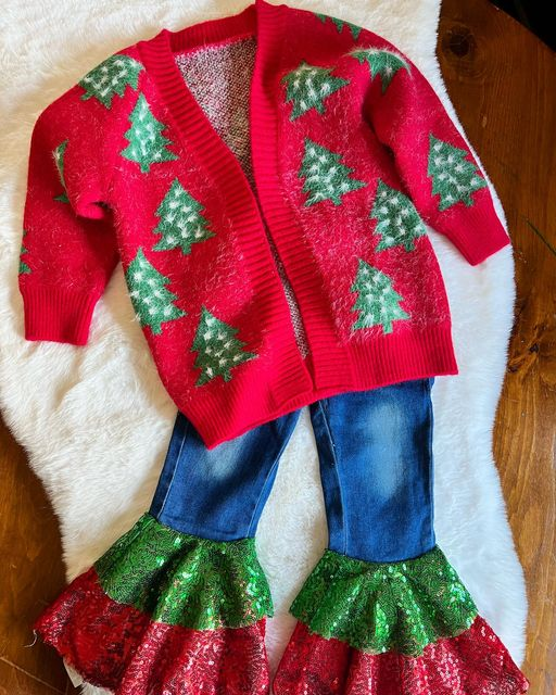 GLP1026 Red Christmas Tree Sweater Cardigan Top Blue Denim Sequin Ruflle Bell Bottom Pants Girls Clothes Set