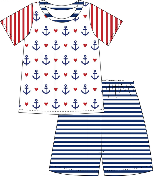 (Custom Design Preorder MOQ 5) Anchor Print Top Stripes Shorts Boys 4th of July Clothes Set