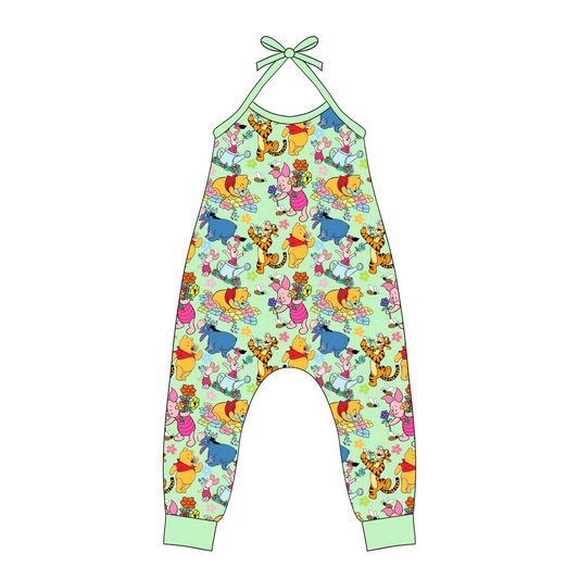 (Custom Design Preorder MOQ 5) Cartoon Bear Flowers Print Baby Girls Summer Halter Romper