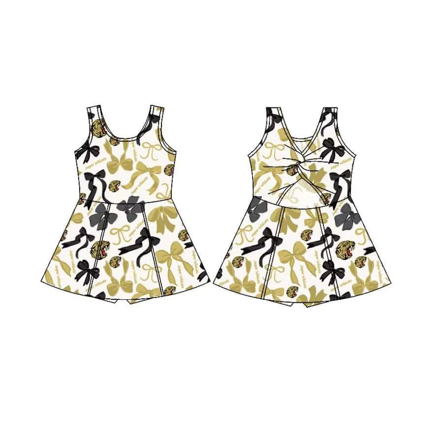 (Custom Design Preorder MOQ 5) Team's Jasper Wildcats Gold Black Bows Print Shorts Skirts Girls Summer Yoga Dress