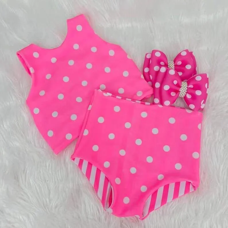 (Custom Design Preorder MOQ 5) Hot Pink Dots Print Girls 2 Pieces Swimsuits