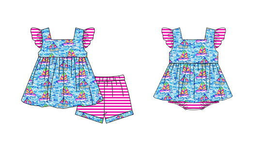 3.10(Custom Design Preorder MOQ 5 Each Design) Sailboat Blue Print Girls Summer Matching Clothes Sisters Wear