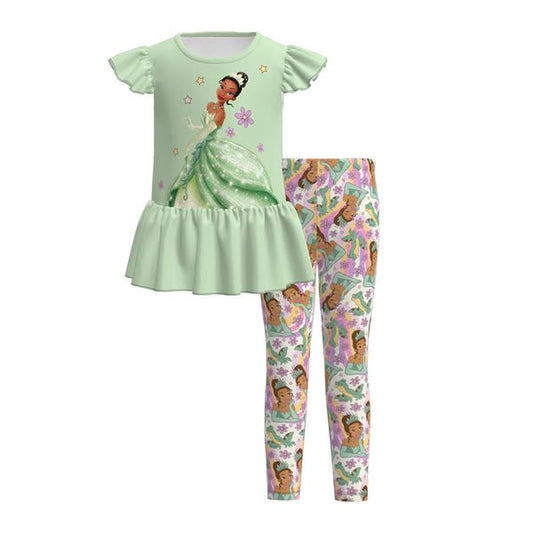 (Custom Design Preorder MOQ 5) Cartoon Princess Green Top Legging Pants Girls Clothes Set