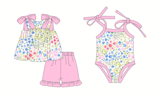 2.24(Custom Design Preorder MOQ 5 Each Design) Colorful Flowers Print Girls Summer Matching Clothes Sisters Wear