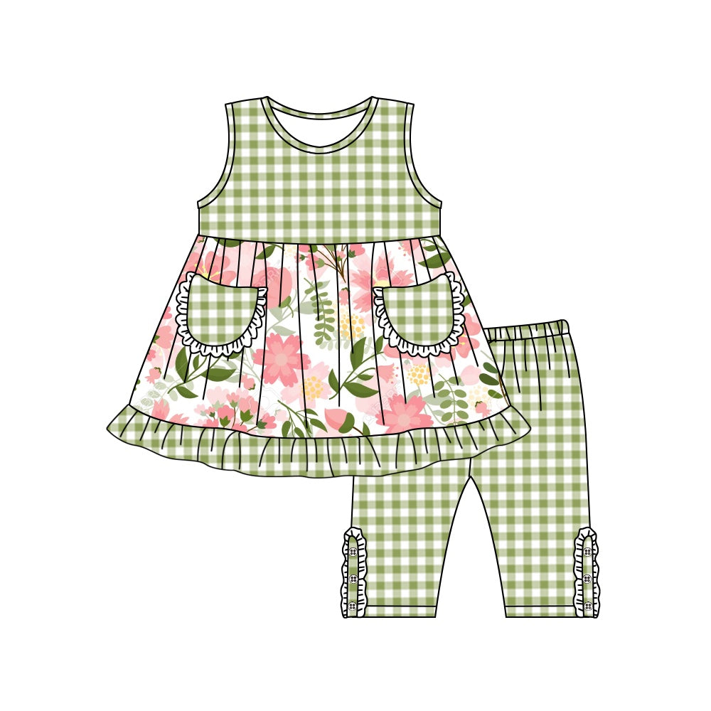 (Custom Design Preorder MOQ 5) Green Flowers Print Pockets Top Capri Girls Summer Clothes Set