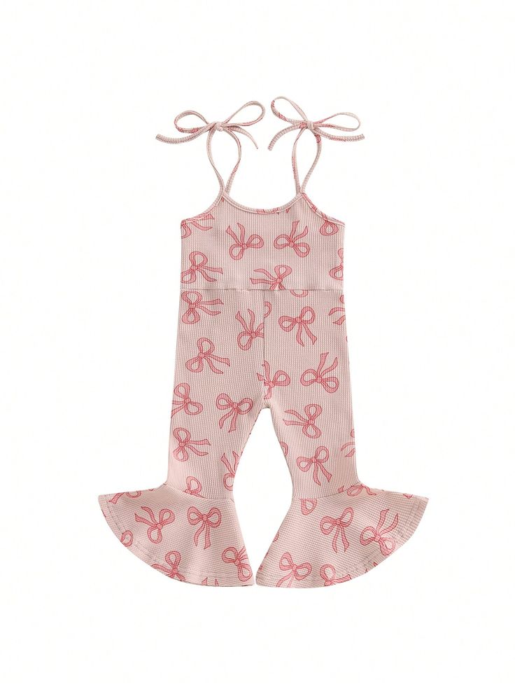 (Custom Design Preorder MOQ 5) Bows Pink Print Girls Summer Strap Jumpsuits