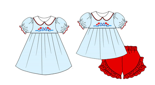 1.6(Custom Design Preorder MOQ 5 Each Design)  Bows Apple Stripes Print Girls Back to School Matching Clothes Sisters Wear