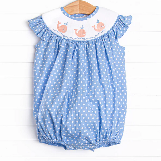 (Custom Design Preorder MOQ 5) Whale Blue Dots Print Baby Girls Summer Bubble Romper