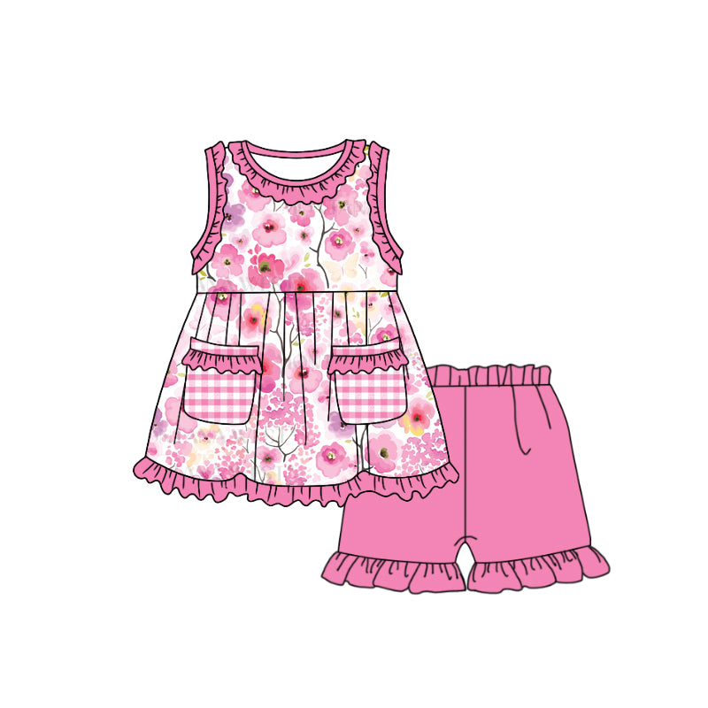 (Custom Design Preorder MOQ 5) Pink Flowers Print Pockets Top Ruffle Shorts Girls Summer Clothes Set