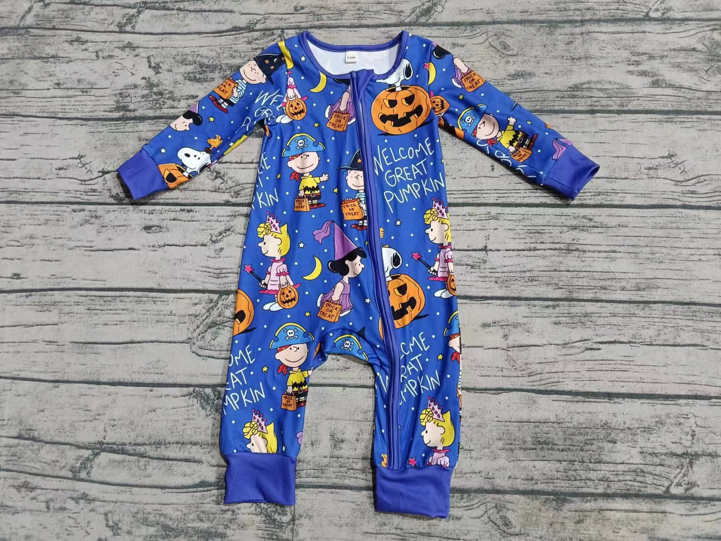 (Custom Design Preorder MOQ 20) Cartoon Figure Blue Print Baby Halloween Bamboo Sleeper Zipper Romper