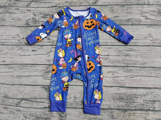 (Custom Design Preorder MOQ 5) Cartoon Figure Blue Print Baby Halloween Bamboo Sleeper Zipper Romper