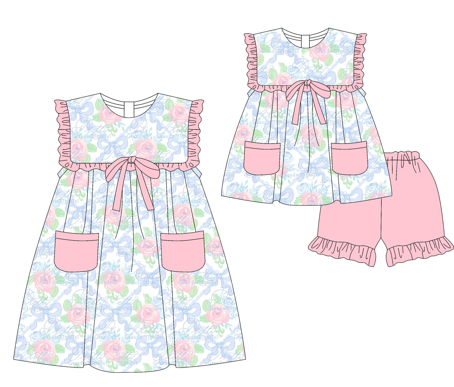 3.8(Custom Design Preorder MOQ 5 Each Design) Flowers Pink Bows Print Pockets Girls Summer Matching Clothes Sisters Wear