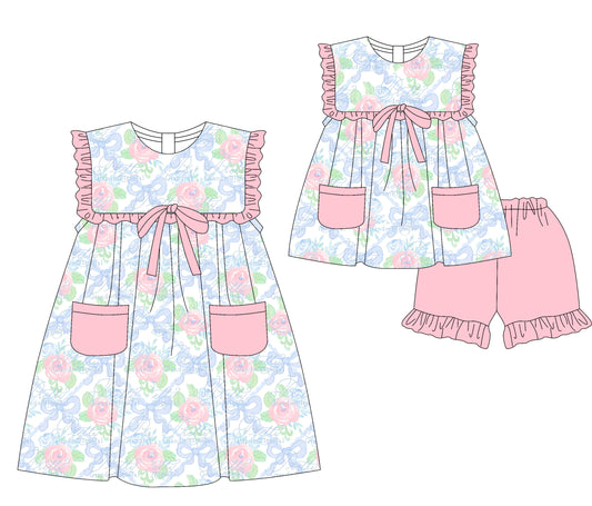 3.8(Custom Design Preorder MOQ 5 Each Design) Flowers Pink Bows Print Pockets Girls Summer Matching Clothes Sisters Wear