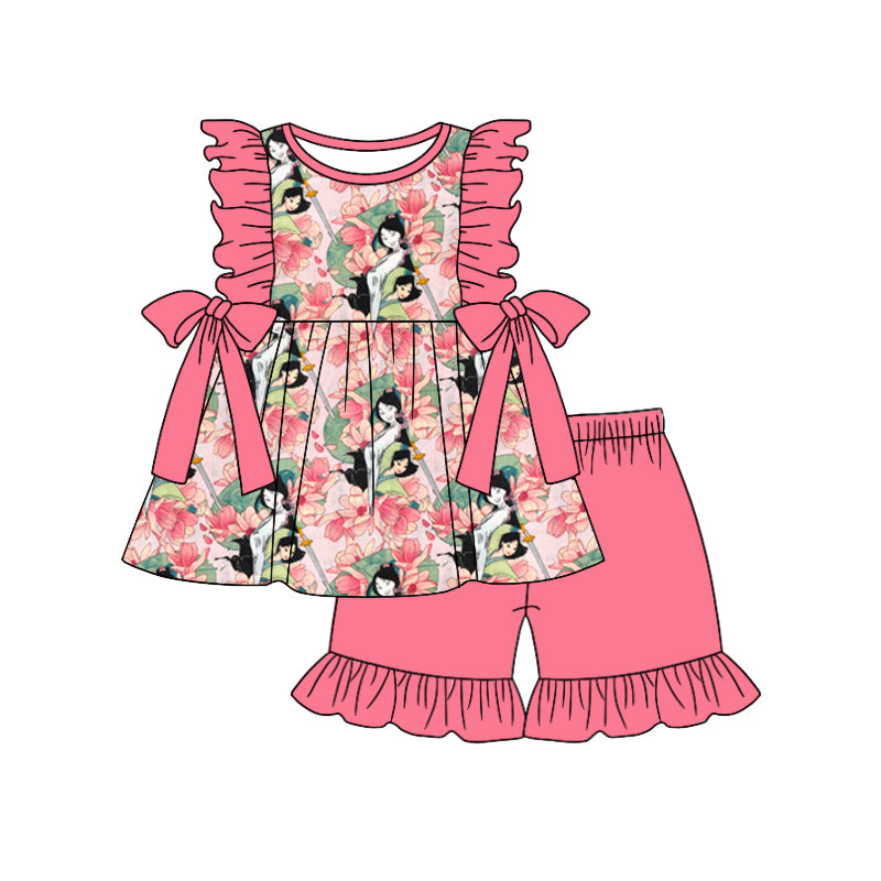 (Custom Design Preorder MOQ 5) Mulan Tunic Top Pink Shorts Girls Summer Clothes Set