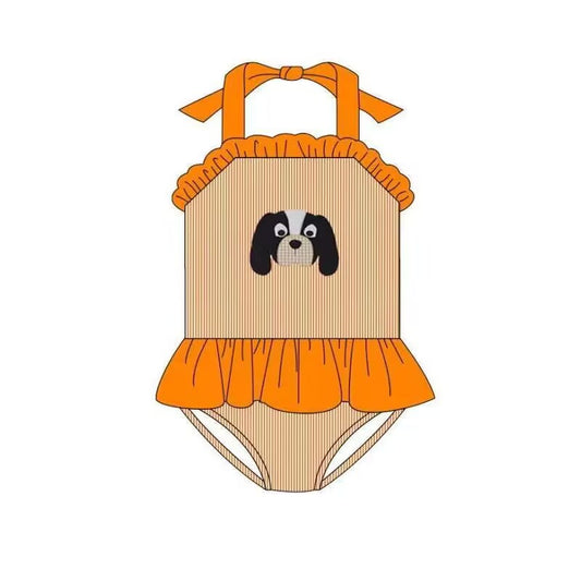 (Custom Design Preorder MOQ 5)  Team's Orange T Dog Print Girls 1 Piece Swimsuits