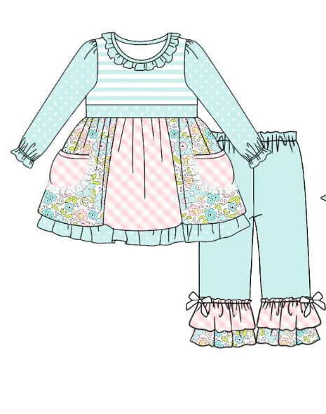 3.10(Custom Design Preorder MOQ 5) Flowers Blue Tunic Pockets Top Ruffle Pants Girls Clothes Set