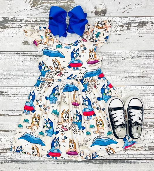 (Custom Design Preorder MOQ 5)  Cartoon Dog Print Girls Knee Length Summer Dress