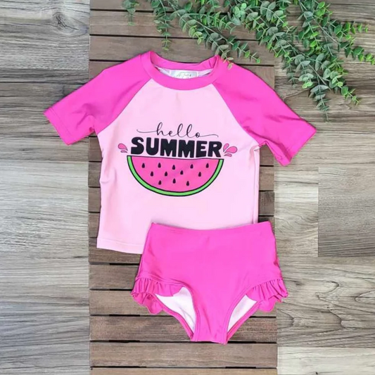 (Custom Design Preorder MOQ 5)  Hello Summer Watermelon Print Girls 2 Piece Swimsuits