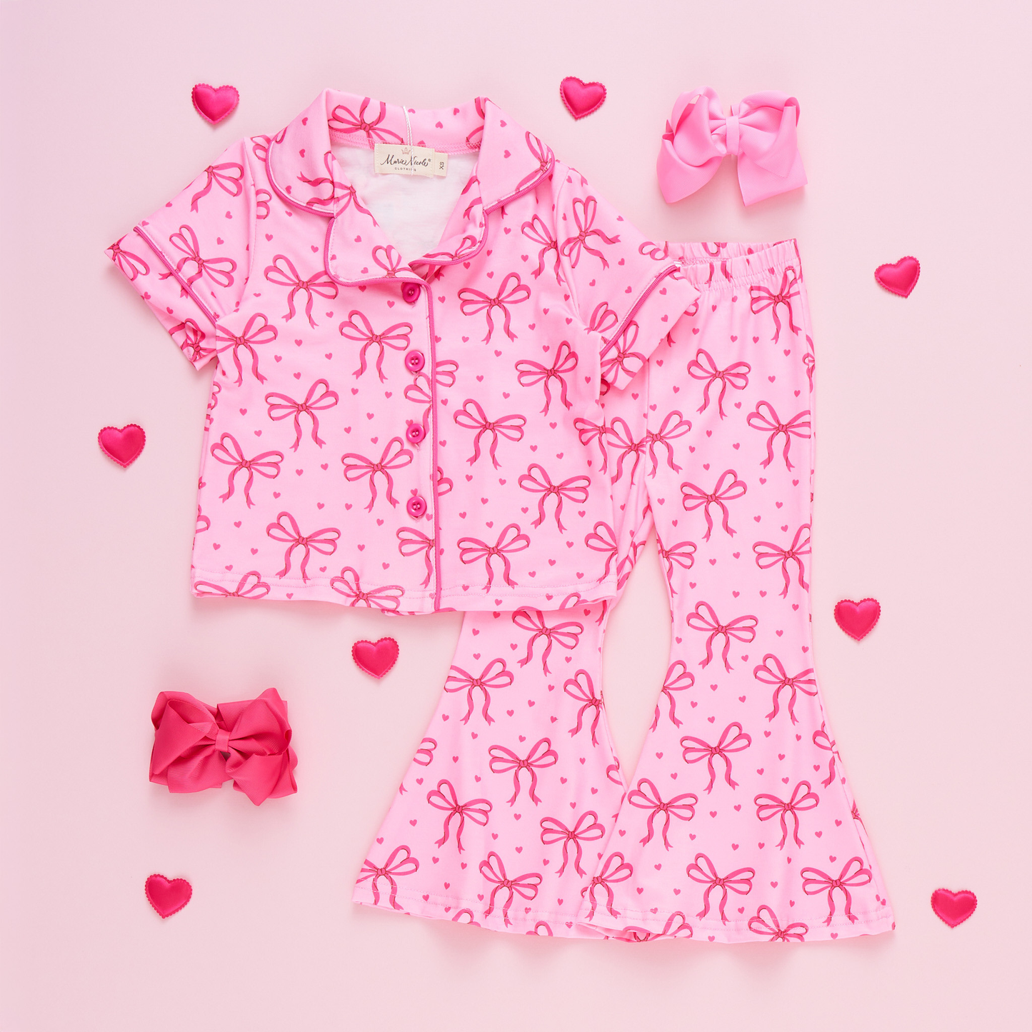 (Custom Design Preorder MOQ 5)  Hearts Bows Print Girls Valentine's Day Buttons Pajamas Clothes Set