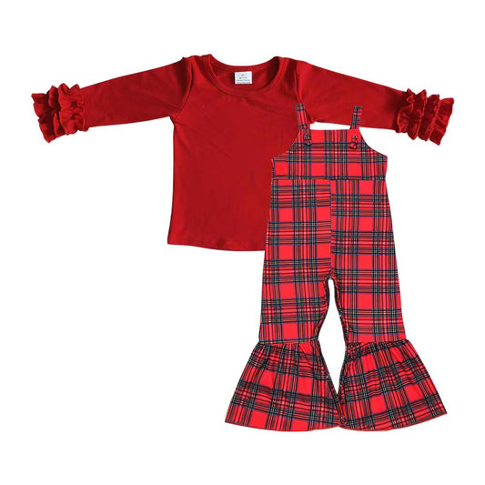 6 A2-1+SR0479 Red Long Sleeve Top Red Plaid Jumpsuits Girls Christmas 2 Pcs Clothes Sets