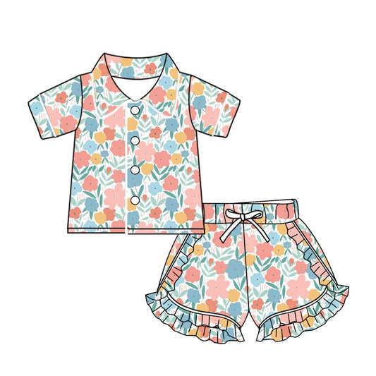 (Custom Design Preorder MOQ 5) Colorful Flowers Print Girls Summer Pajamas Clothes Set