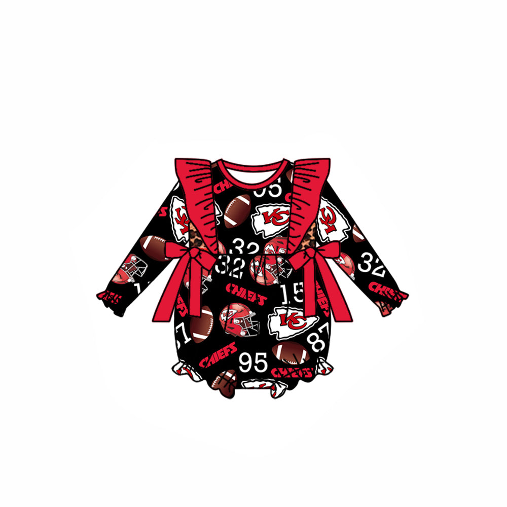 (Custom Design Preorder MOQ 5) Team's KC Black Print Baby Girls Fall Romper