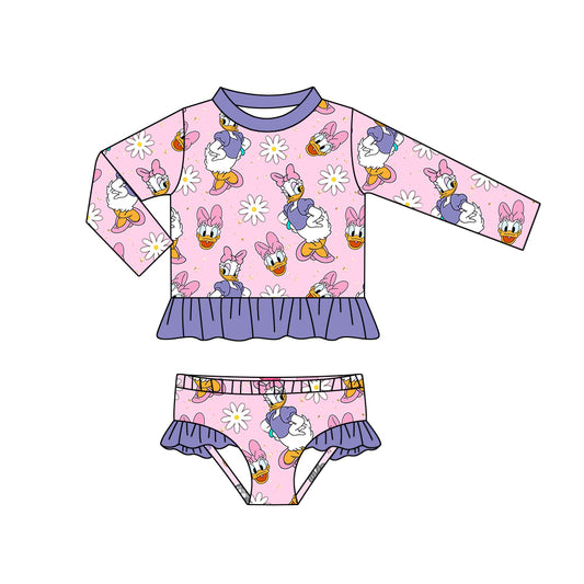 (Custom Design Preorder MOQ 5) Cartoon Duck Flowers Print Girls 2 Pieces Long Sleeve Swimsuits