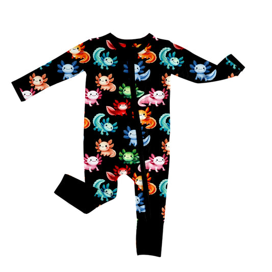 (Custom Design Preorder MOQ 5) Colorful Axolotl Print Baby Sleeper Zipper Romper